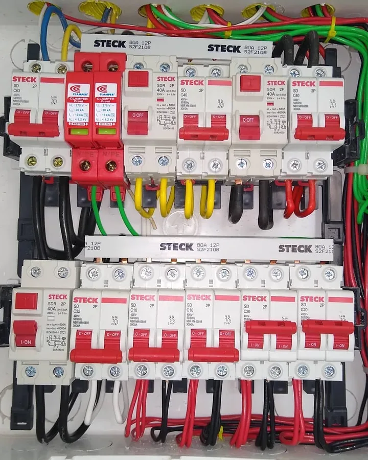 Quadro de disjuntores montado com os fios organizados por cor
